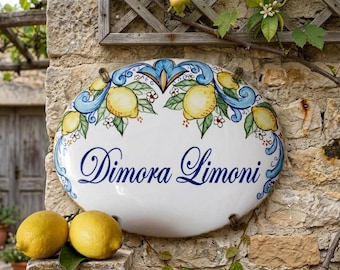 Italian pottery custom sign, House Address Name tile with lemons.  Personalized Tiles with House Number and Family Name, Housewarming Gift.