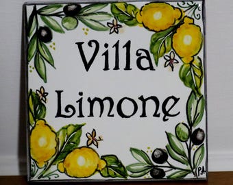 custom gift: Italy square tile with names olives lemons. Italian lovers gifts customizable civic number tiles. Personalized sign for home