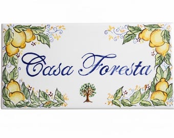 Custom Ceramic House Sign with Lemons - Tuscan Style Hand-Painted Majolica Tile, new home personalized gift