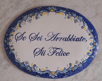 personalized names plaque blue, italian ceramic Faenza style, hand painted handmade. Custom name tile for kitchen home, mediterranean style