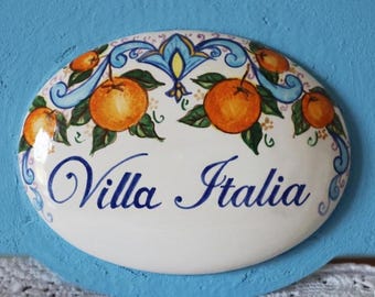 custom gift: blue Italian ceramic tile - sign with oranges in Mediterranean style to hang on wall, art gifts made in Italy