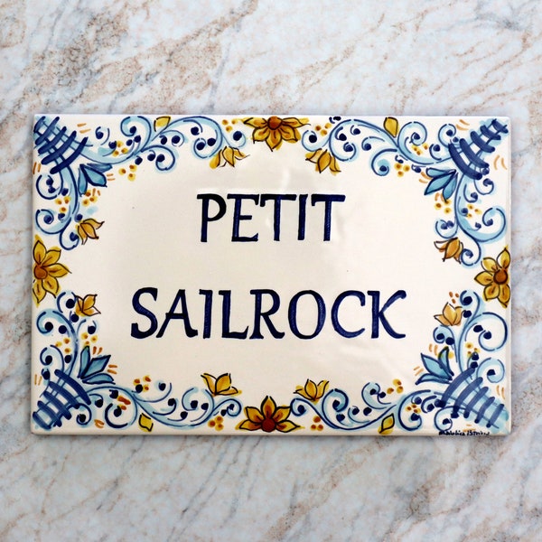 Italy ceramic custom tiles, family name sign blue, with italian style. Custom gift, wall decor tile with names and addres. Handmade plaque