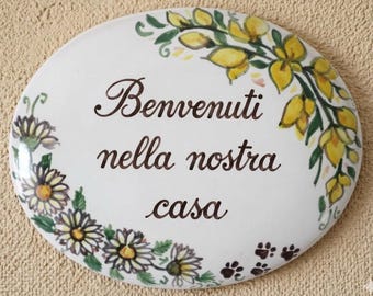 Custom Italian ceramic tile with House Number, floral Personalized Sign for home, Outdoor name plaque, mural decor hand painted in Italy