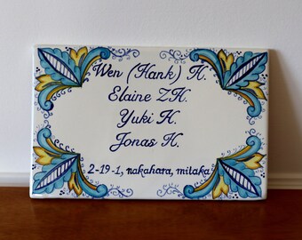 Italy ceramic custom tiles, family name sign blue, with italian style. Custom gift, wall decor tile with names and addres. Handmade plaque