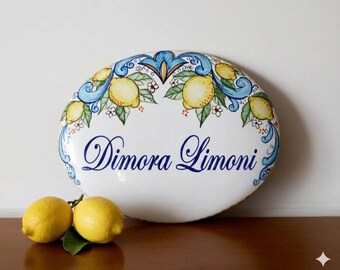 Italian pottery custom sign, House Address Name tile with lemons.  Personalized Tiles with House Number and Last Name, Housewarming Gift.