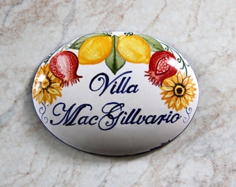 Italian ceramic house number with Amalfi lemons, Hand-painted plaque with names and address, Customizable home plaque made in Italy