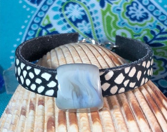 Lampwork bead and printed leather bracelet