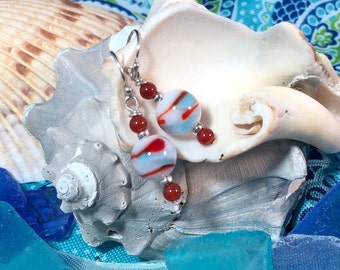 White, red and turquoise glass bead earrings