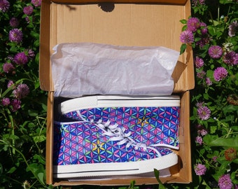 Heilige Geometrie Drittes Auge Blume des Lebens Psychedelic Rave Festival Canvas High Top Damen Schuhe