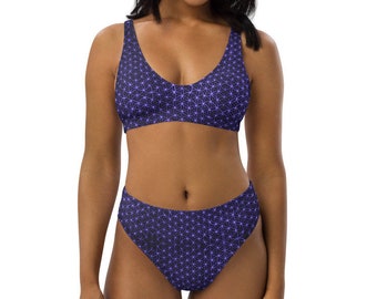Purple and black flower of life sacred geometry psychedelic rave Recycled high-waisted bikini