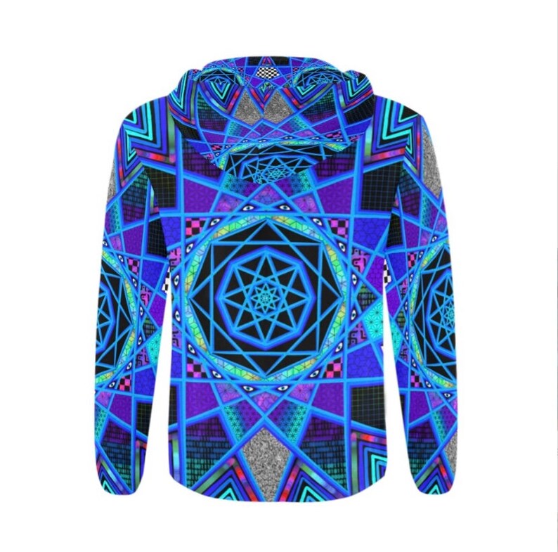 May include: A hooded sweatshirt with a striking geometric pattern in blue, purple, and black. The design incorporates symmetrical shapes, star patterns, and eye motifs, giving a psychedelic and artistic appearance. The hood and sleeves are visible.