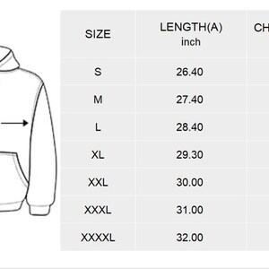 May include: Diagram of a white hoodie with a size chart. The chart displays length and chest width measurements in inches. Length varies from 67.06 cm to 81.28 cm, and chest width from 55.88 cm to 85.09 cm, for sizes S to XXXXL.