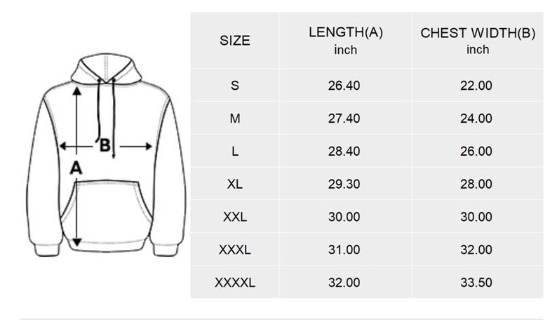 May include: Diagram of a white hoodie with a size chart. The chart displays length and chest width measurements in inches. Length varies from 67.06 cm to 81.28 cm, and chest width from 55.88 cm to 85.09 cm, for sizes S to XXXXL.