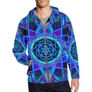 May include: A zip-up hoodie with a striking geometric pattern in blue, purple, and black. The design incorporates star-like shapes and detailed lines. The hoodie has a silver zip and a hood.