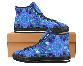 Psychedelic Third Eye Sun and Moon Binary Code Grid Sacred Geometry High Top Rave Shoes