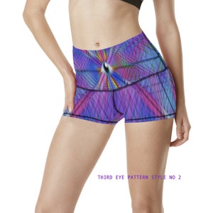 May include: Purple and blue athletic shorts with a colorful geometric pattern and the text "THIRD EYE PATTERN STYLE NO 2".