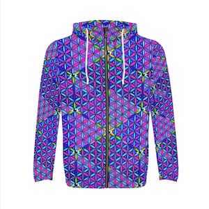 Rainbow Galaxy Flower of Life Psychedelic Rave Festival Zip Up Hoodie