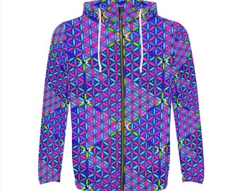 Rainbow Galaxy Flower of Life Psychedelic Rave Festival Zip Up Hoodie