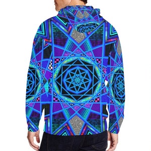 May include: A hooded sweatshirt with a striking geometric pattern in blue, purple, and black. The design incorporates star-like forms and complex lines, producing a psychedelic appearance. The hoodie is made of a soft material.