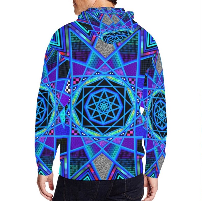 May include: A hooded sweatshirt with a striking geometric pattern in blue, purple, and black. The design incorporates star-like forms and complex lines, producing a psychedelic appearance. The hoodie is made of a soft material.