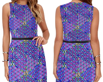 Sacred Geometry Flower of Life Third Eye Rainbow Galaxy Midi Sheath Dress