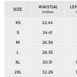 May include: A size chart for underwear with measurements in inches for waist, length, and hips. The chart shows sizes XS through 2XL.