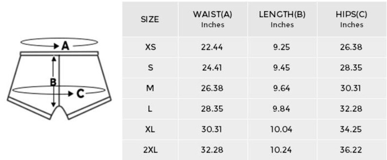 May include: A size chart for underwear with measurements in inches for waist, length, and hips. The chart shows sizes XS through 2XL.