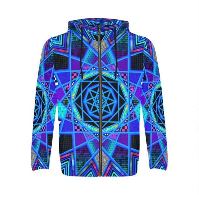 May include: A zip-up hoodie with a striking geometric pattern in blue, purple, and black. The design features symmetrical shapes, including stars and triangles, with a silver zipper and black drawstring. The hoodie's design is visually striking and psychedelic.