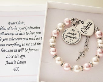 Goddaughter gift for Christmas, Personalized Goddaughter pearl Bracelet, Birthday Gift, Batism gift, Christening jewelry, from a Godmother