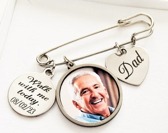 Personalized memorial lapel pin for a Groom, Photo wedding charm, Walk with me today, Gift from the Bride, loss of a Dad, Grandpa, Grandma