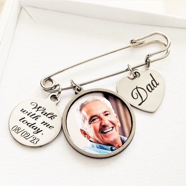 Personalized memorial lapel pin for a Groom, Photo wedding charm, Walk with me today, Gift from the Bride, loss of a Dad, Grandpa, Grandma