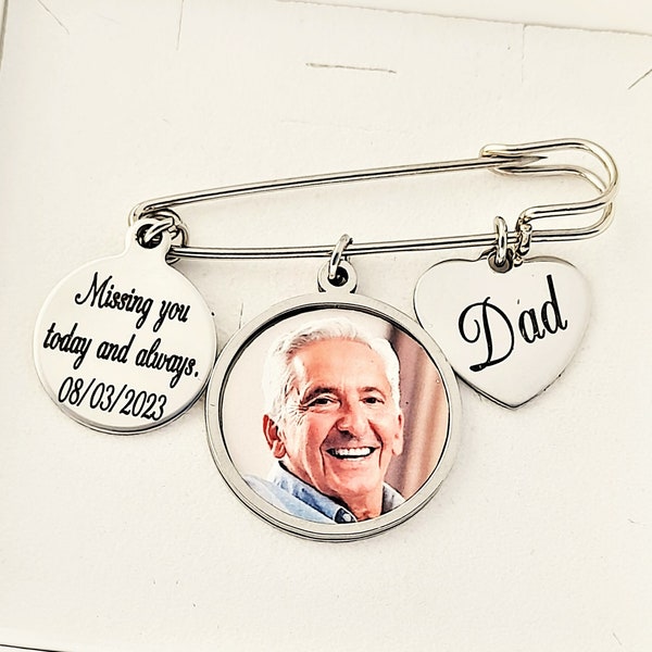 Personalized memorial lapel pin, Bouquet Charm pin, Photo wedding charm for the Groom, Missing you today and always , Dad, Grandma, Mom