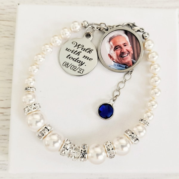 Personalized memorial wedding bracelet for the Bride, Walk with me today, Loss of a Father, Loss of a Dad, Something Blue, Loss of loved one