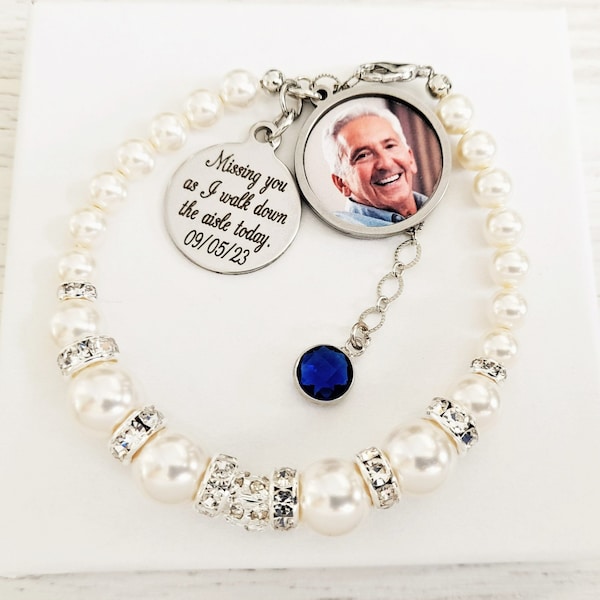 Personalized memorial wedding bracelet for the Bride, Missing you as I walk down the aisle, Loss of a Father, Loss of a Dad, Something Blue.