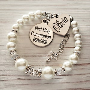 First Holy Communion bracelet Personalized name and date , Holy communion jewelry , gift for goddaughter, First holy communion gift, for her image 2