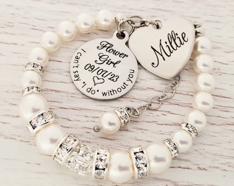 Personalized Flower Girl bracelet, I can't say I do without you, Flower girl proposal gift. Pearl Wedding bracelet for a Flower girl.