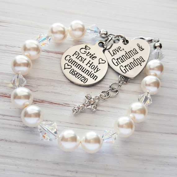 4mm Cultured Pearls, First Holy Communion Name Bracelet for Girls -  Sterling Silver