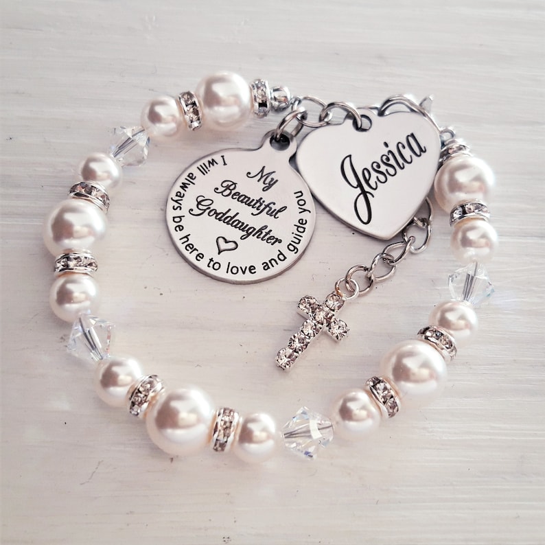 Goddaughter baptism gift from Godmother, Goddaughter bracelet, Cross, Goddaughter Baptism gift, white pearl, Christening gift, baptized immagine 2