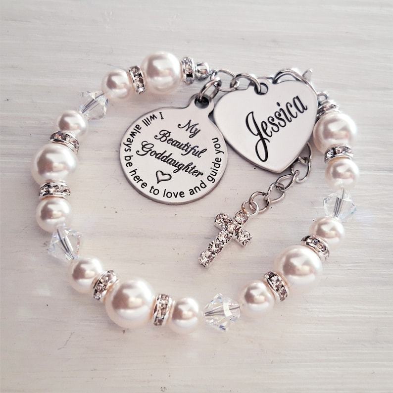 Goddaughter baptism gift from Godmother, Goddaughter bracelet, Cross, Goddaughter Baptism gift, white pearl, Christening gift, baptized image 2