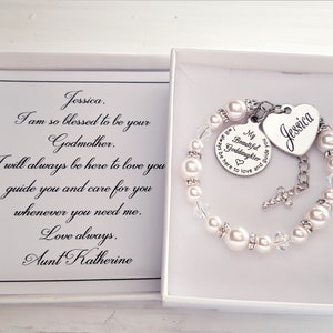 Goddaughter baptism gift from Godmother, Goddaughter bracelet, Cross, Goddaughter Baptism gift, white pearl, Christening gift, baptized image 1