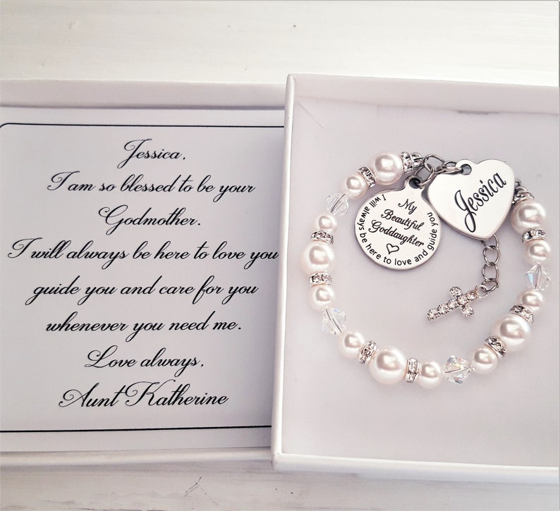 Goddaughter baptism gift from Godmother, Goddaughter bracelet, Cross, Goddaughter Baptism gift, white pearl, Christening gift, baptized image 1