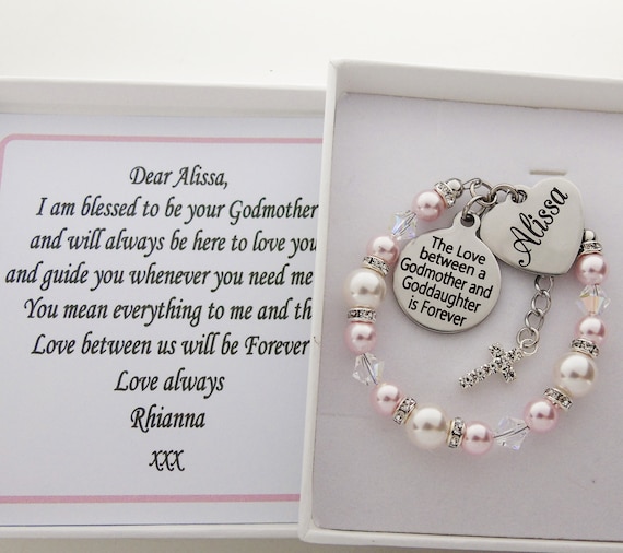 Goddaughter gift for Christmas baptism birthday gift Personalised Name  swarovski pearl bracelet gift from godmother gift from aunt godmom