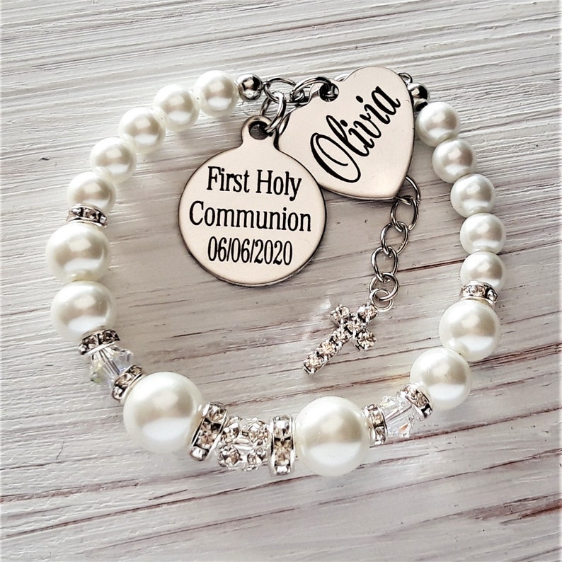 First Holy Communion bracelet Personalized name and date , Holy communion jewelry , gift for goddaughter, First holy communion gift, for her image 1