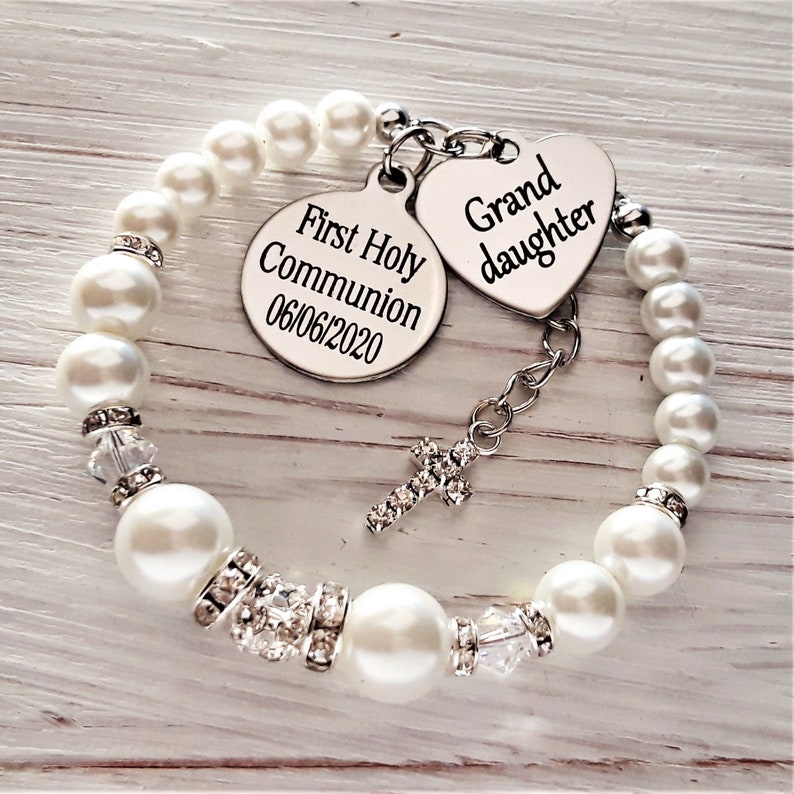 First Holy Communion bracelet Granddaughter Personalized name and date, Holy communion jewelry , gift for granddaughter, holy communion gift image 1