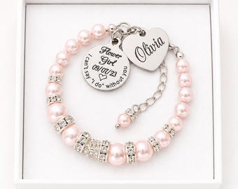 Personalized Flower Girl Pearl Bracelet, Wedding Keepsake Gift