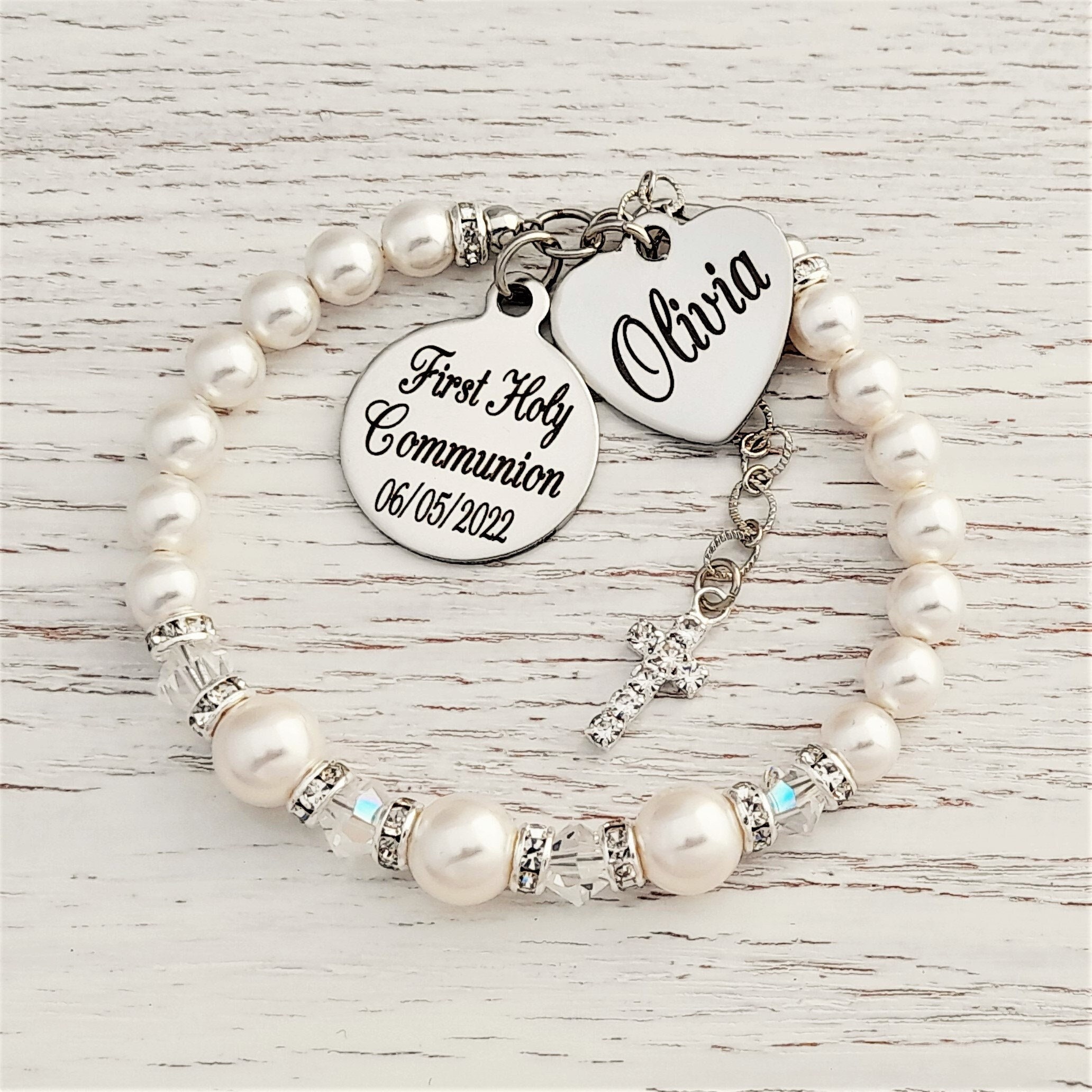 First Communion Gift - Pearl Bracelet with Cross