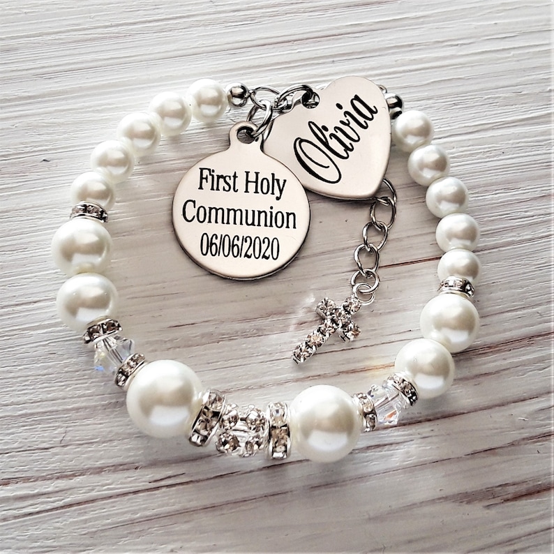First Holy Communion bracelet Personalized name and date , Holy communion jewelry , gift for goddaughter, First holy communion gift, for her image 3