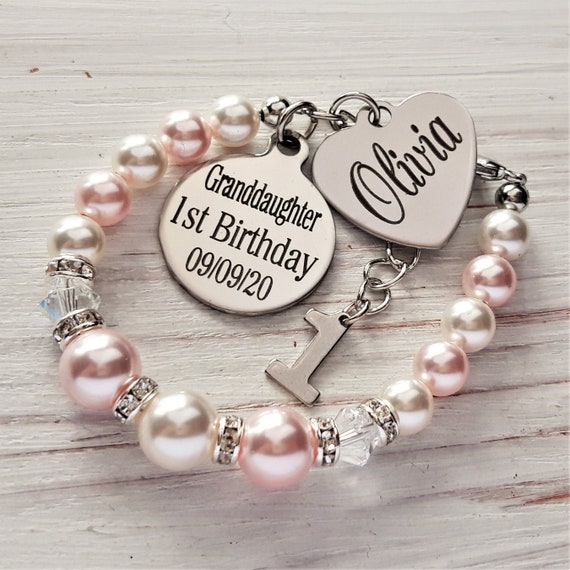 First Birthday gift for a Granddaughter Baby girls 1st birthday bracelet Handmade custom name jewelry from Grandparents from a Grandparent