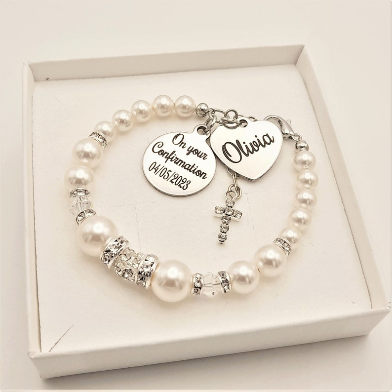 Confirmation day gift, Confirmation pearl bracelet, Gift for Goddaughter, Personalised Confirmation Jewellery, Gift for her, Christian gift image 2