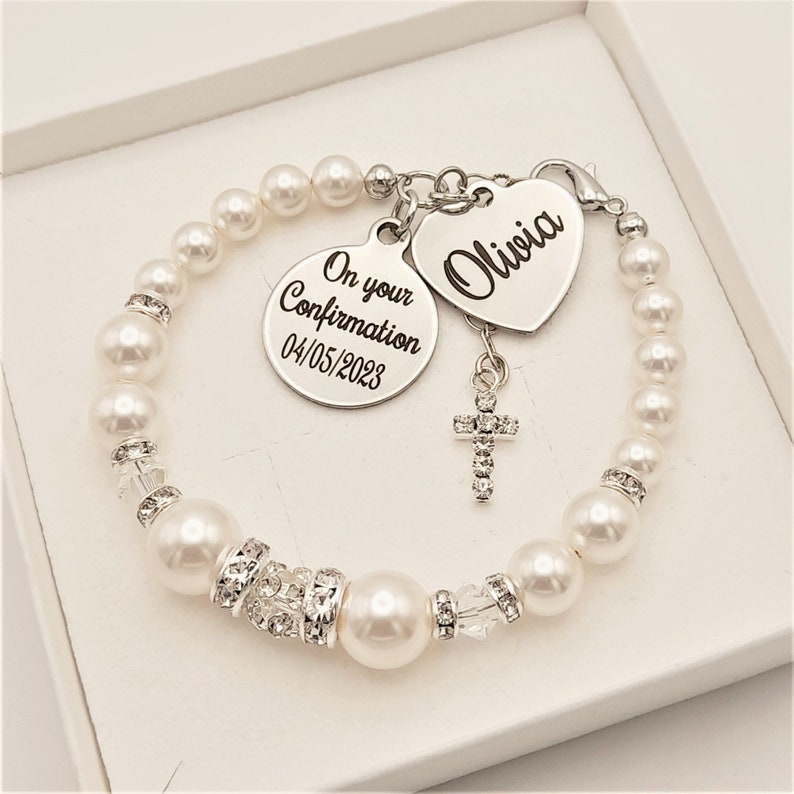 Confirmation day gift, Confirmation pearl bracelet, Gift for Goddaughter, Personalised Confirmation Jewellery, Gift for her, Christian gift image 1